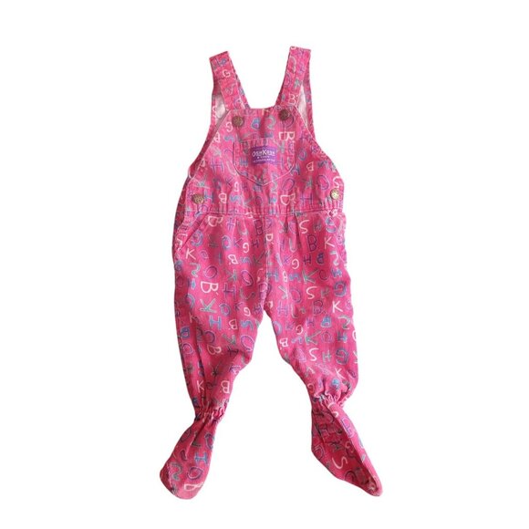 Vintage 90s OshKosh Alphabet AOP Overalls Pink Footed 6-9 Months Vestbak USA - Picture 1 of 11